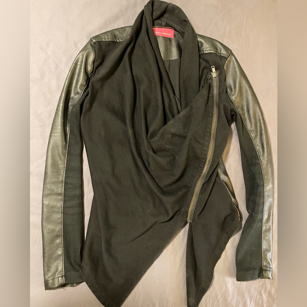Asymmetrical faux leather sweater/jacket. Unique design. Pookie & Sebastian.